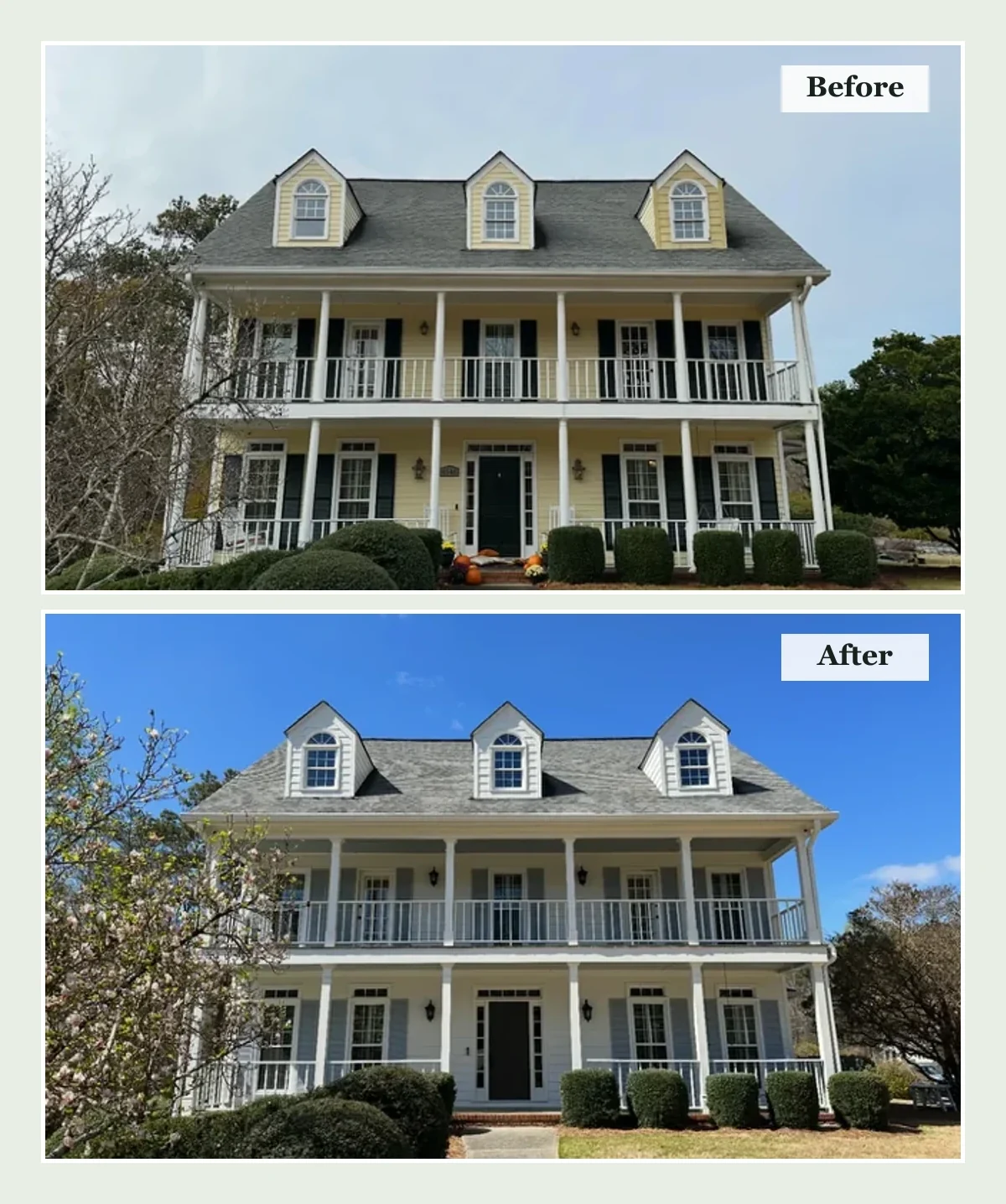 Before and after exterior remodeling project in Marietta with new siding, windows, porch columns, deck, waterproofing, and exterior paint